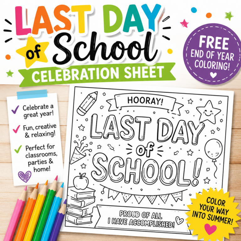 Last Day of School Celebration Sheet — Free End of Year Coloring Printable for Kids