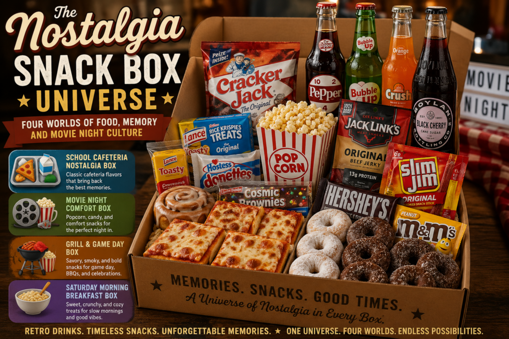 The Nostalgia Snack Box Universe — Four Worlds of Food, Memory, and Movie Night Culture