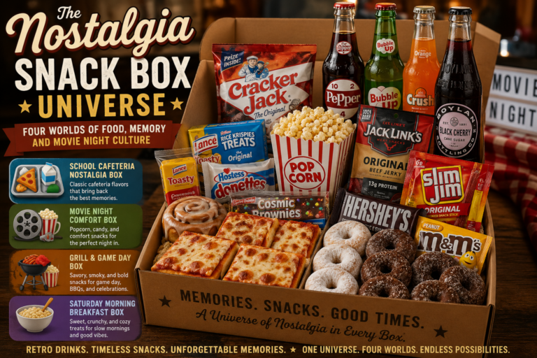 The Nostalgia Snack Box Universe — Four Worlds of Food, Memory, and Movie Night Culture